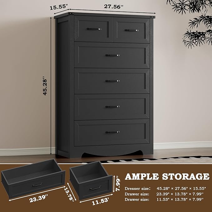 Tall 6-Drawer Dresser for Bedroom, Modern Wooden Chest of Drawers with Metal Handles, Anti-Tipping Design, Sturdy and Stable Storage Organizer for Living Room, Entryway, Home Office, Standard