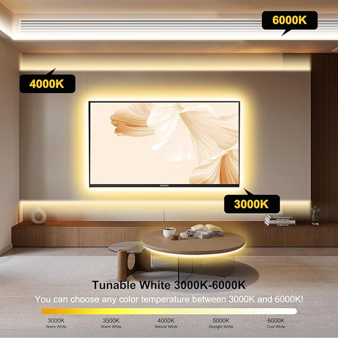COB LED Strip Light,CCT Dimmable Strips Light,2700K-6500K,50ft/15m,8mm Wide,CRI90+ 24V LED Strips Kit with Bluetooth APP Control/Music Mode,for Bedroom,Kitchen,DIY Lighting