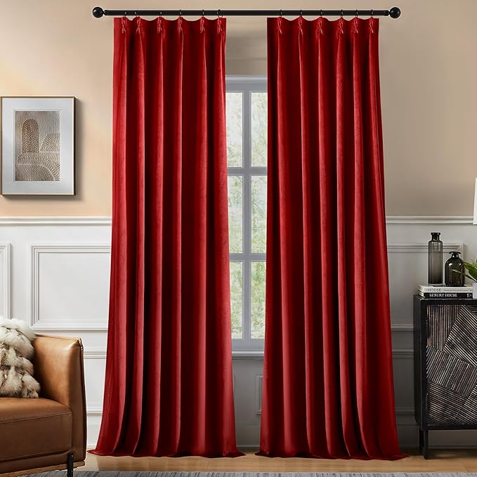 Pinch Pleated 100% Blackout Curtains for Bedroom, Red Velvet Curtains for Living Room, Black Out Curtain 90 inch Long Room Darkening, Blackout Pinch Pleat Drapes with Hooks 2 Panels