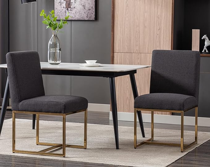 CIMOTA Black Modern Dining Chairs Set of 2, Upholstered Dining Room Chairs Armless Guest Side Chair with Gold Base for Dining Room/Kitchen, Charcoal Black, 2PCS