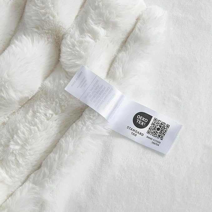 Cozy Bliss Faux Fur Throw Blanket for Couch, Cozy Warm Plush Striped Blanket for Sofa Bedroom Living Room, 90 * 90 Inches Cream White