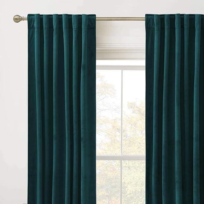 RYB Home Velvet Curtains 2 Panels Set - Super Soft Durable Window Drapes Room Darkening Energy Smart Back Tap for Apartment Villa Room Backdrops, Peacock Blue, W52 x L96 inches, 2 Panels