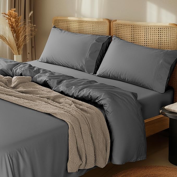 LBRO2M 100% Cotton Sheets Set Deep Pocket 24", 1000 Thread Count California King Size 4 Piece Bed Sheet Sets Soft Comfortable Bedding All Season (California King, Dark Gray)