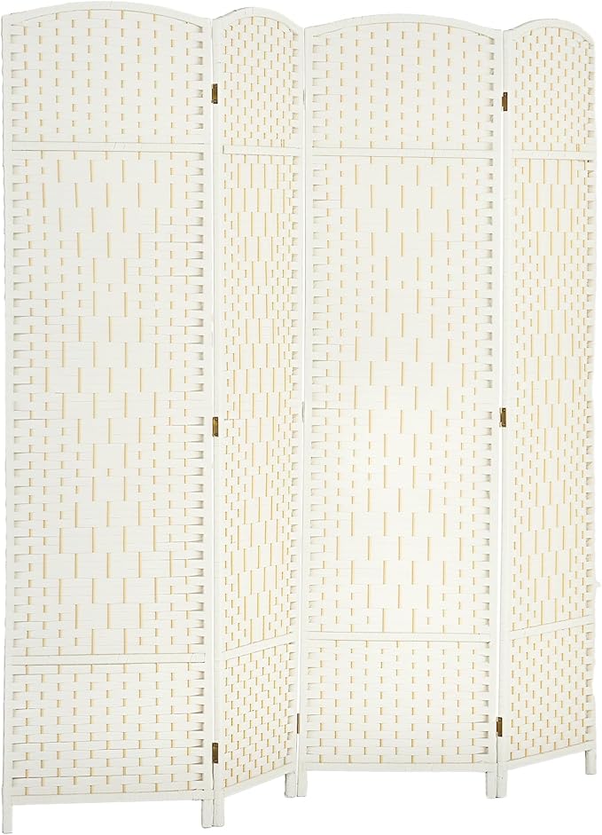 HOMCOM 4 Panel Room Divider, 6' Tall Folding Privacy Screen, Hand-Woven Freestanding Wall Partition for Home Office, Bedroom, White