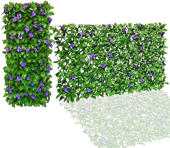 GLANT Expandable Fence Privacy Screen for Balcony Patio Outdoor,Decorative Faux Ivy Fencing Panel,Artificial Hedges (Single Sided Leaves) (1, Purple Flowers)