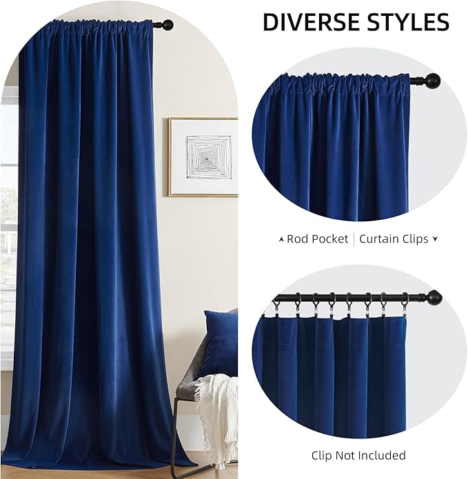 Joydeco Blue Velvet Curtains 90 inch Length 2 Panels Burg Set, Luxury Rod Pocket Thermal Insulated Window Blackout Curtain, Room Darkening Drapes for Living Dining Room Bedroom Privacy