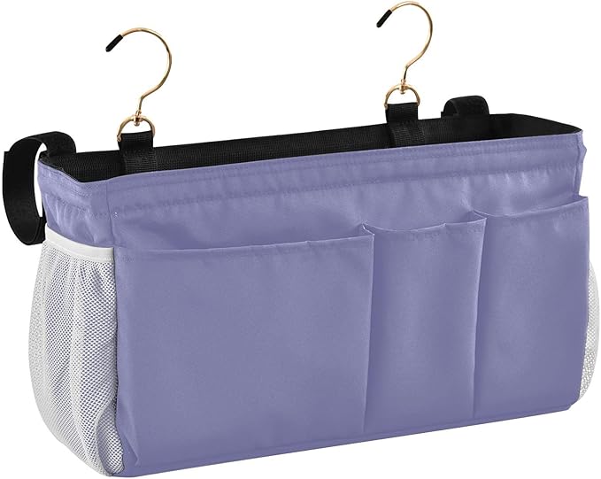 Purple Bedside Caddy Storage Bag Bedside Organizer for College Dorm Top Bunk Bed Hanging Storage Organizer 6 Pockets with Hooks for Book Glasses Phone Holder