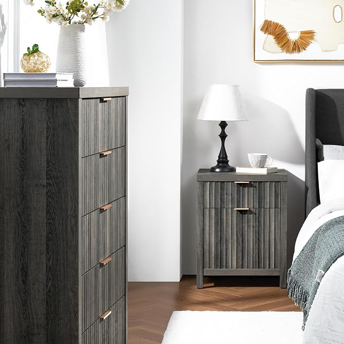 5 Drawers Dresser for Bedroom, 44 Inches Tall Modern Bedroom Dressers, Chest of Drawers for Bedroom, Fluted Dresser for Closet Organizer for Living Room, Hallway, Entryway (Midnight Oak, 2 Pieces)