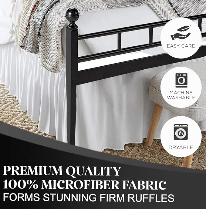 Ruffled Bed Skirt with Split Corners, White, Queen 16 Inch Drop Bedskirt, Hotel Quality Brushed Microfiber Wrinkle Free Dust Ruffle Bed Skirt Queen Size