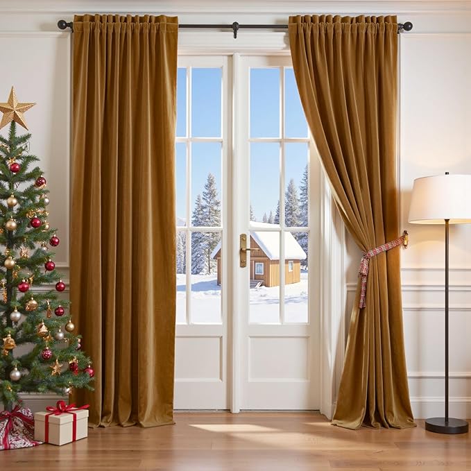 Lazzzy Velvet Blackout Curtains Thermal Insulated Room Window Drapes Super Soft Luxury Curtains for Living Room Bedroom Rod Pocket 2 Panels, Gold Brown, 52" W x 84" L