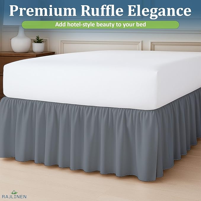 Rajlinen Ruffled Bed Skirt Twin XL, 10 Inch Drop Dust Ruffle with Split Corners, 100% Microfiber Bedskirt with Platform, Three-Sided Coverage Ruffled Gathering Design, Dark Grey