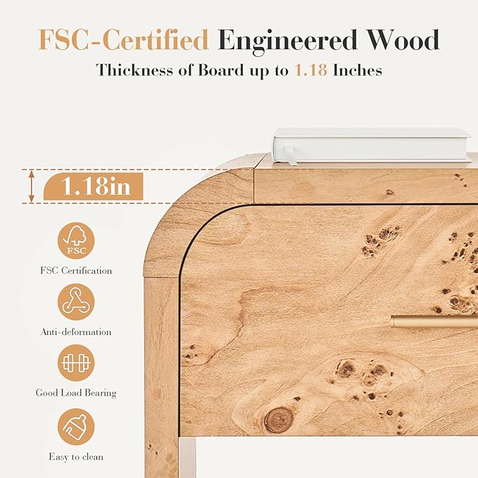 Night Stand Set of 2 [Unique Curved Profile] [FSC-Certified Wooden Board] 1-Drawer and 1 Storage Shelf Nightstand 24" H Metal Handle Modern Bedside Table Side Table End Table