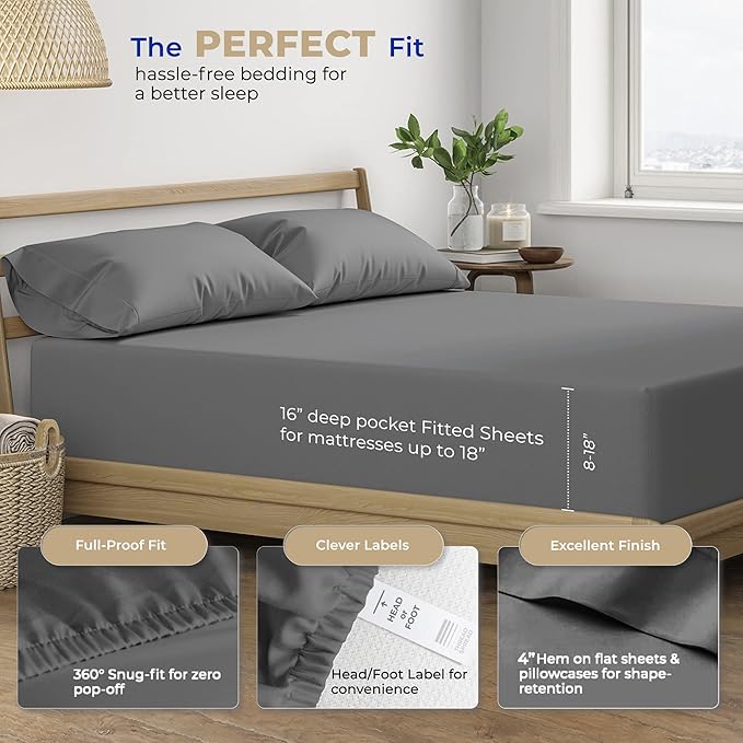 THREAD SPREAD 100% Cotton Queen Sheets Set - 400 Thread Count Queen Size Sheets (4 PC, Dark Grey), 16" Deep Pocket All Around Elastic, Soft, Cooling, Durable & Breathable Sateen Weave Bed Sheet Set