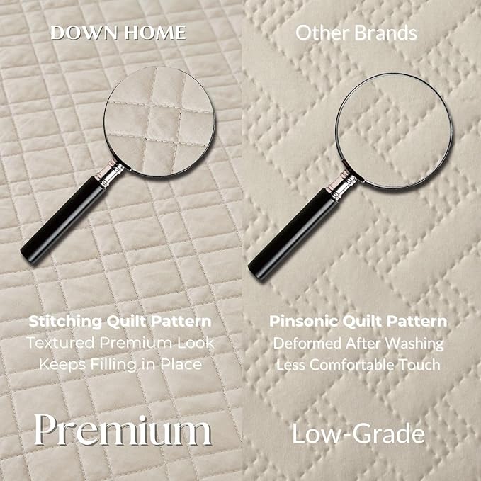 DOWN HOME Twin Quilt Set with Sham Lightweight Quilted Bedspread Coverlet Thin Comforter Bed Cover Vintage Washed Quilted Blanket for All Season, Brushed Microfiber Diamond Stitching, Beige, 66"x92"