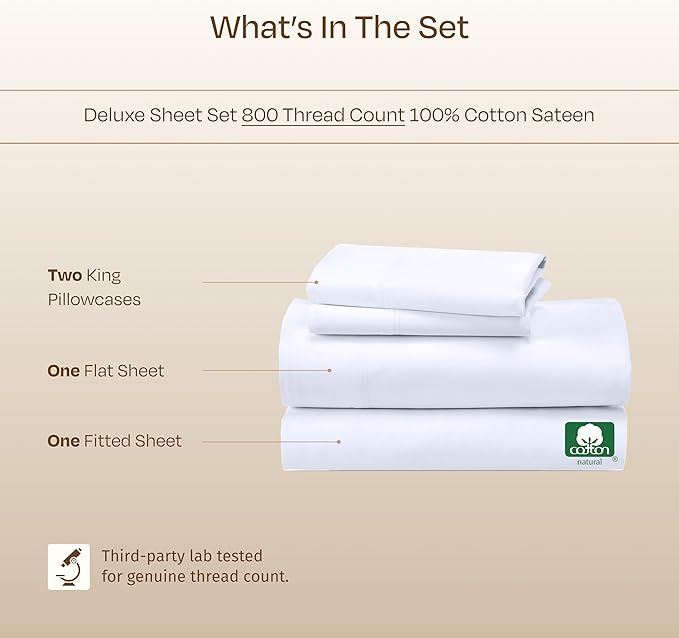 Luxury White California King Size Bed Sheets Set - Buttery Soft 800 Thread Count 100% Cotton Sheets Sateen, Deep Pockets, Durable Bedding Set - White
