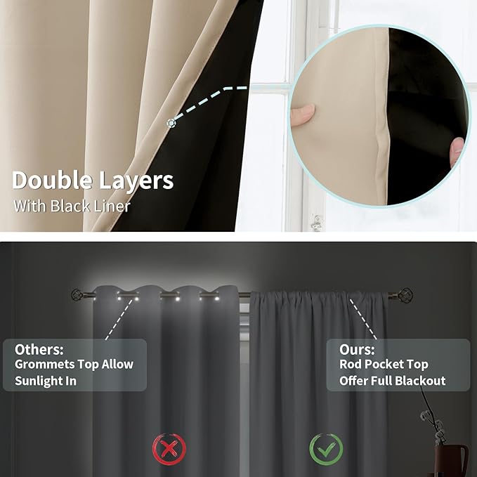 BGment Blackout Curtains for Small Window, Thermal Insulated Full Room Darkening Soundproof Rod Pocket Curtains for Bedroom 54 Inch Length 2 Panels Set, Each Short Panel 42 Inch Wide, Champagne