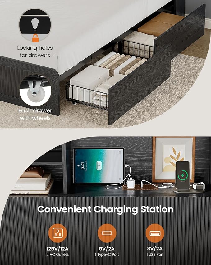 AOGLLATI Full Size Bed Frame with 4 Storage Drawers and Hidden Storage Headboard, Black Led Fluted Bed Frame Full Size with Charging Station and Curved Profile Design,No Box Spring Needed, Black