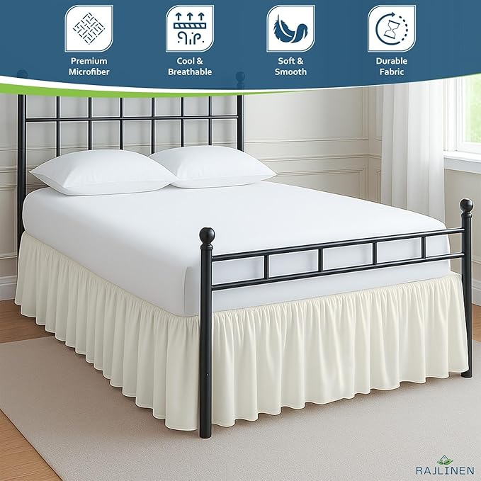 Rajlinen Ruffled Bed Skirt Twin XL, 12 Inch Drop Dust Ruffle with Split Corners, 100% Microfiber Bedskirt with Platform, Three-Sided Coverage Ruffled Gathering Design, Ivory