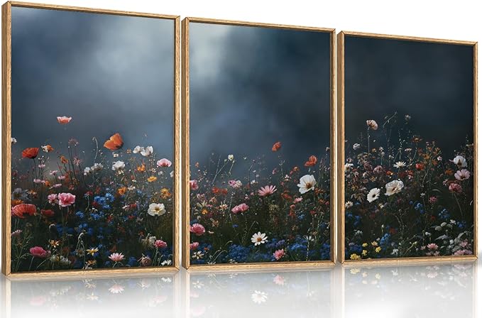 LHIUEM Large Nature Moody Floral Framed Canvas Wall Art,Abstract Dark Wall Decor,Wildflower Botanical Landscape Wall Painting,Picture Artwork for Living Room,Bedroom,Dining Room,Office -16"x24"x3