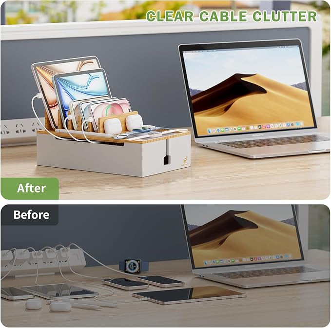 Pezin & Hulin Bamboo Charging Station for Multiple Devices, USB Charger Dock Organizer, with Power Supply (10 Ports HUB), 6 Cables, Cable Management Organizer for Cell Phones, Tablets -Natural+White