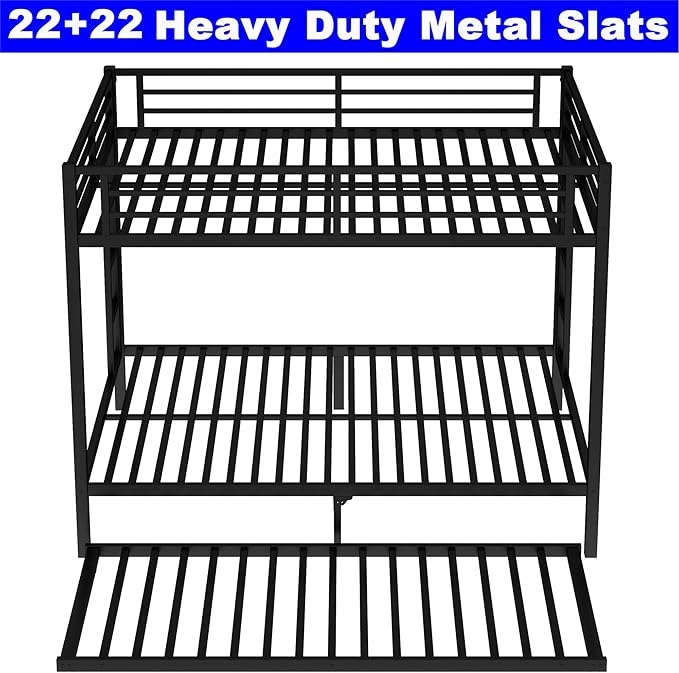 Upgraded Version Thicken Stronger Metal Heavy-Duty Queen Over Queen Bunk Bed with Twin Size Trundle, Bunk Bed Queen Size for Adults with Ladders, Easy Assemble (Queen/Queen)