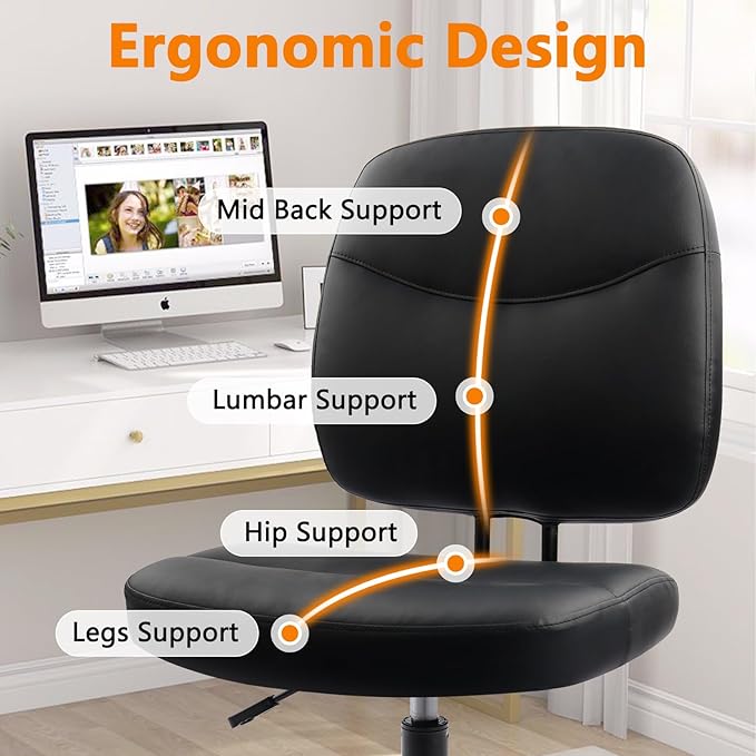 CLATINA Armless Home Office Chair, Small PU Leather Ergonomic Low Back Desk Chair with Lumbar Support and Wheels, Adjustable Height 360° Swivel Rolling Computer Task Chair, Black, 2 Pack