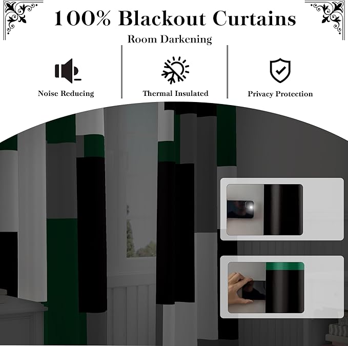 Green 100% Blackout Curtains for Bedroom 72 inch Length 2 Panels Set White Grey Modern Abstract Geometric Black Out Curtains Insulated Room Darkening Window Drapes for Living Room, 52Wx72L