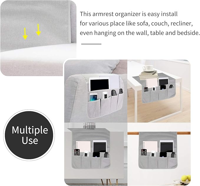 SYSOV Sofa Armrest Organizer, Remote Control Holder for Recliner Couch, Arm Chair Caddy with 6 Pockets for Magazine, Tablet, Phone, iPad (Silver Gray, W13'' x L33'')