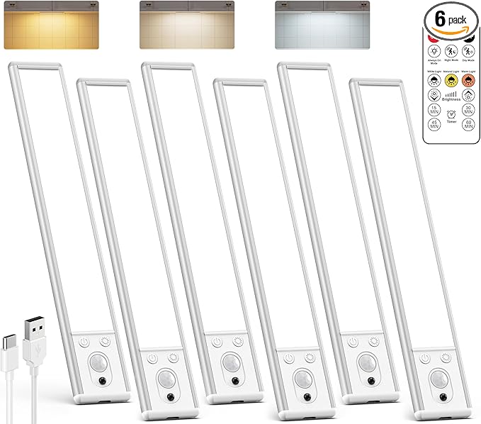 Under Cabinet Lighting Wireless, 2200mAh Rechargeable Battery Operated Motion Sensor Light Indoor, 3 Color Temps Under Counter Light, Dimmable Wireless Closet Lights w/Remote for Kitchen,Pantry,6 Pack