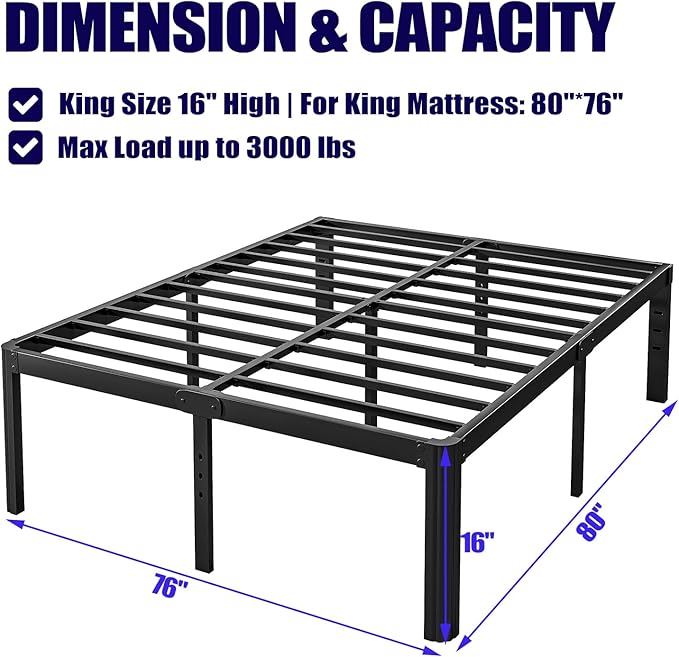 Hunlostten 16" High King Bed Frame No Box Spring Needed, Heavy Duty King Platform Bed Frame with Round Corners, Easy Assembly, Noise Free, Black