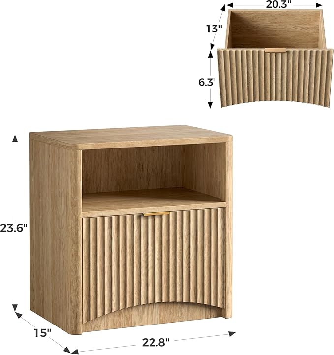 Evermagin Fluted Nightstand, Natural Oak Bedside Table with Drawer and Storage, Wood End Table Mid Century Modern, Large Night Stand for Bedroom