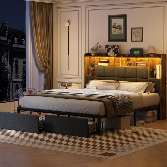 LED Bed Frame Queen Size with 2 Hidden Storage Drawers, Bookshelf Headboard, Upholstered Platform Metal Bed Frame with Charging Station, Metal Slats Support, Noise Free, No Box Spring Needed