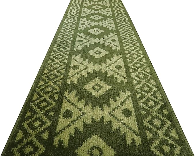 Custom Length Hallway Runner Rug,Slip Resistant,Southwestern Green, 26 Inch X 7 feet, Sold and Priced Per Foot