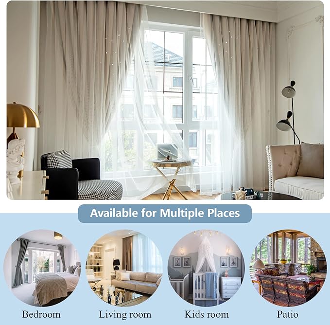 Star Double Layer Blackout Curtains for Bedroom & Kids, Cute, 72 Inches Long, 2 Panels Set, Beige, 42 X 72 Inches