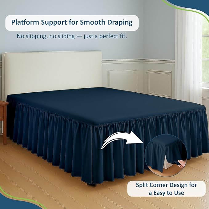 Rajlinen Ruffled Bed Skirt King, 14 Inch Drop Dust Ruffle with Split Corners, 100% Microfiber Bedskirt with Platform, Three-Sided Coverage Ruffled Gathering Design, Navy Blue