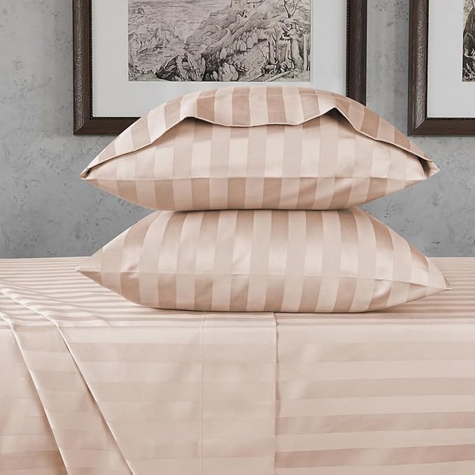 URBANHUT 800 Thread Count 100% Cotton Damask California King Size Sheets Set, 4 Piece Striped Cal King Size Bedsheets, Luxury Hotel Sheets Sateen Weave, 16" Elasticized Deep Pocket- Blush Pink