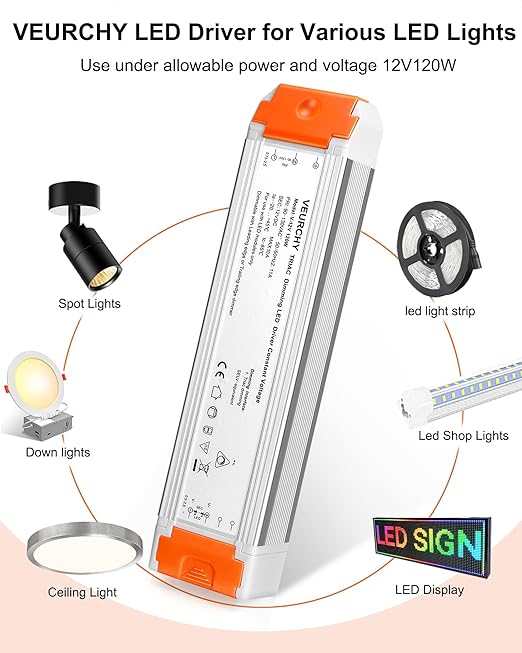 120W 12v Dimmable LED Driver, Triac LED Dimmable Transformer Compatible with Lutron & Leviton Dimmer Switches AC 110V to DC 12V 120 Watt, 12 Volt Power Supply for LEDs Strip Lights 2 Pack
