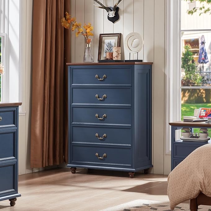 24" Wide Farmhouse Nightstand with Charging Station Set of 2, 45" Tall Rustic Chests of 5 Drawers w/ 4 Solid Wood Feet, Farmhouse Furniture Series for Living Room,Bedroom,DarkBlue