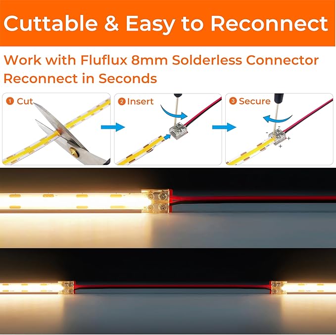 COB LED Strip Lights 2700K, 24V DC Tape Light with Strong 3M VHB Tape, CRI 95, UL Listed, Cuttable, Dimmable, 3W/FT for Bars, Restaurants, Hallways, Cozy Ambiance (NO Power Supply)