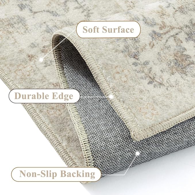 5x7 Taupe Area Rug Non Slip Vintage Living Room Distressed Machine Washable Carpet Traditional Indoor Bedroom Taupe Retro Floral Accent Throw Rug for Office Kitchen Dorm Dining Room