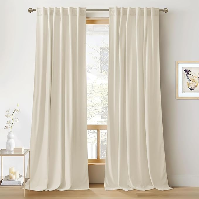 RYB HOME Beige Velvet Curtains 80 inches, Back Tab Soft Fabric Room Darkening Thermal Insulated Luxurious Home Decor Curtains for Living Room Bedroom, W 52" x L 80", 2 Panels Set