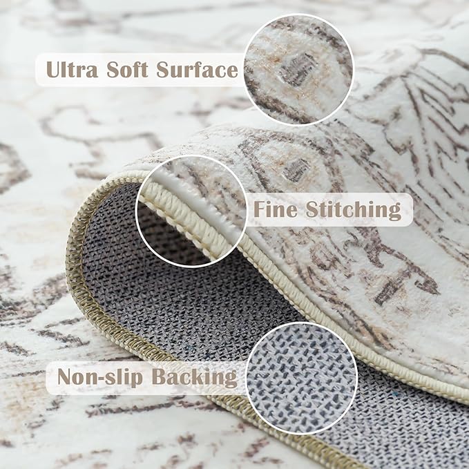 jinchan Lima Hallway Runner Rug 3x10 Washable - Vintage Floral Non Slip Low-Pile Soft Ultra-Thin Faux Wool Kitchen Rug Distressed Carpet Runner for Farmhouse Bedroom Laundry (3x10ft, Taupe)