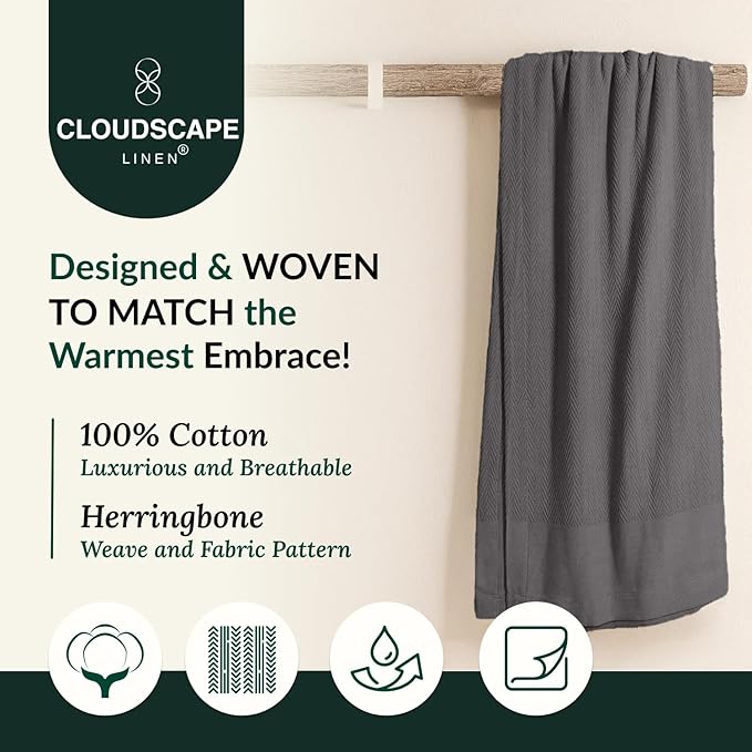 Cloud Scape Linen 100% Cotton Throw Blanket 50x70 Sharkskin, Luxury All-Season Warmth, Ultra Soft, Oversized Herringbone Gauze Blanket for Winter, Bed, Couch & Sofa Decor, Best Gift Idea