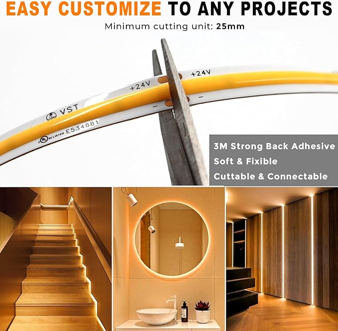 VST 16.4ft COB LED Strip Lights Warm White 2700K, 24V Dimmable LED Tape Light, 48w, 2640 LEDs, Ra 93+, IP30, Lighting for Kitchen, Cabinets, UL Listed (Power Source Not Included)