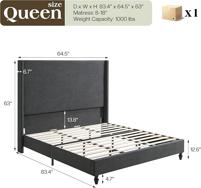 Queen Bed Frame with 63" Tall Headboard, Horizontal Fine Corduroy Bed Frame with Wingback, Upholstered Platform Bed, Vintage Solid Wood Gourd Legs, No Box Spring Needed, Black