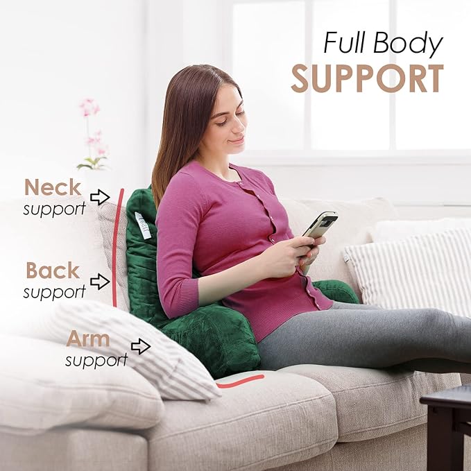 Nestl Reading Pillow with Shredded Memory Foam, Designed for Sitting Up in Bed and Couch, Back and Arms Adjustable Support for Adult & Teens Backrest Pillows for Reading with Washable Cover Dark Green