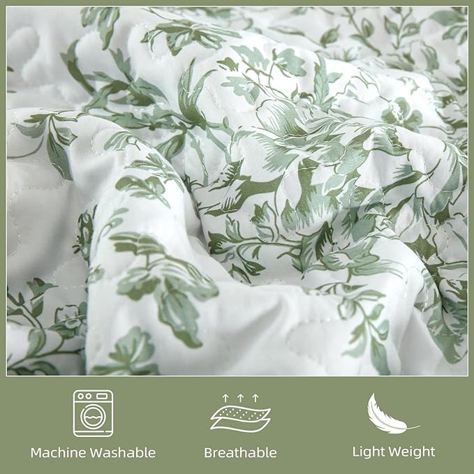WONGS BEDDING California King Quilt Sets, Sage Green Quilt Bedding Set with 2 Pillowcases, Botanical Quilt for Cal King Bed, Soft Microfiber Lightweight Coverlet Bedspread for All Season (112"×96")