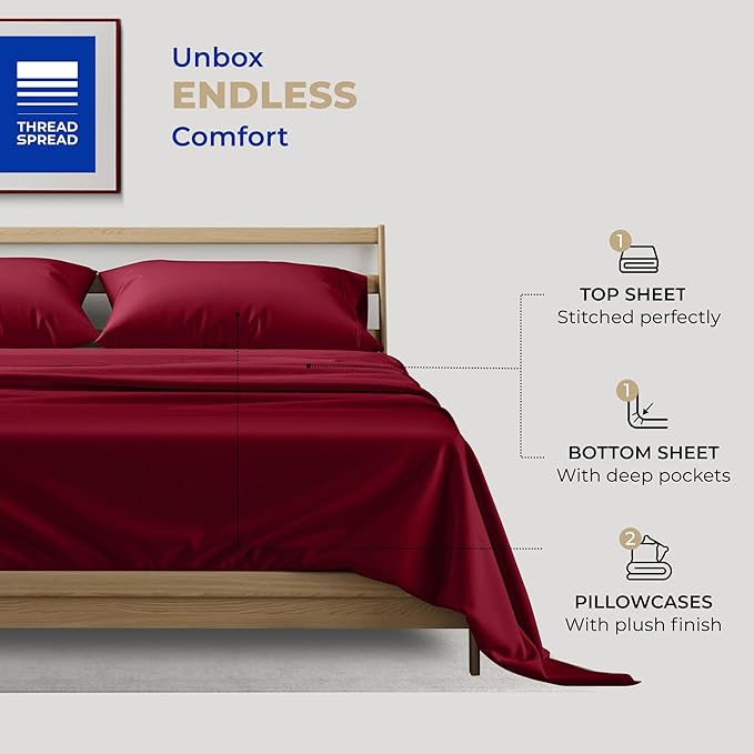 THREAD SPREAD California King Sheet Set - 400 Thread Count 100% Cotton, 4 PC Cal King Cooling Sheets, Soft Breathable Bed Set, 16" Deep Pocket (Burgundy)