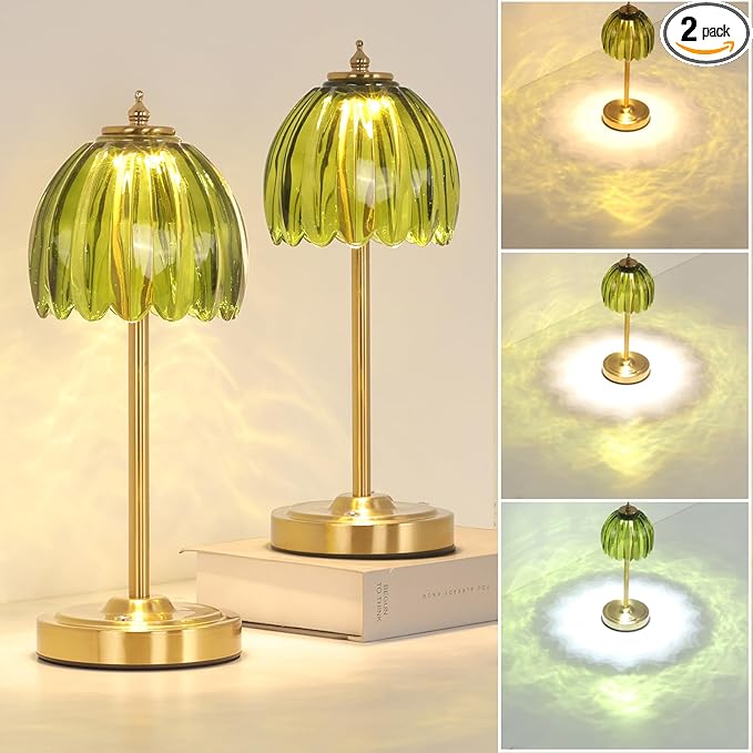 Set of 2 Tulip Table Lamp with 5000mAh Battery & Touch Control, Cordless Small Table Lamp with 3 Colors, Dimmable Rechargeable Table Lamps for Bedroom, Desk, Bedside (Green Tulip)