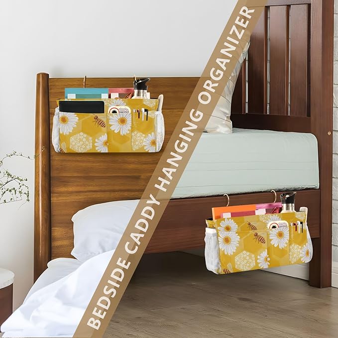 Bedside Caddy Hanging Bunk Bed Caddy Bed Organizer Hanging Pocket with 2 Hooks Bedside Storage Organizer Pocket Bag Holder Yellow Honeycomb Bee Daisy